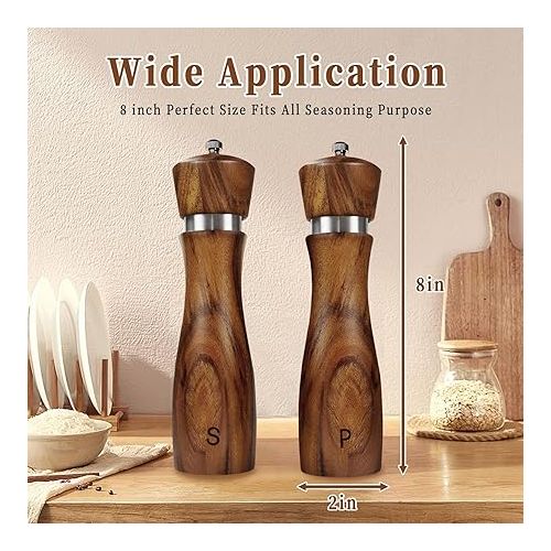  2 Pack Salt and Pepper Grinder Set, Acacia Wood Salt Mill Pepper Grinder with Ceramic/Stainless Steel Core, Modern and Elegant Wooden Salt and Pepper Set