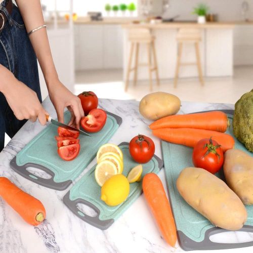  [아마존베스트]Haomacro Chopping Boards Set, Multiple Sizes Wheat Straw Kitchen Chopping Boards Cooking Accessories PP Chopping Board with Non-Slip Feet and Deep Drip Juice Groove, BPA Free, Hang