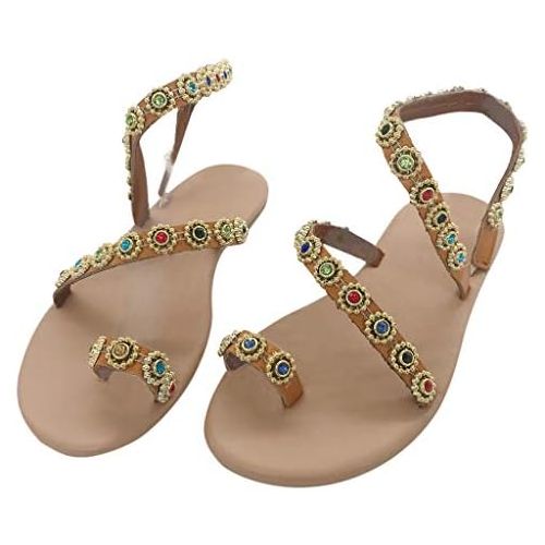  haoricu Womens Wedding Sandals Pearl Flats Beaded Bohemian Dress Flip-Flop Gladiator Shoes Larger Size