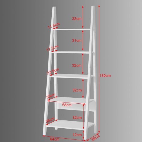  Haotian FRG61-W, Modern 5 Tiers Ladder Shelf Bookcase, Wood Storage Display Shelving, Wall Shelf, W64xD39xH180cm, White