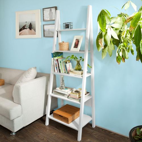  Haotian FRG61-W, Modern 5 Tiers Ladder Shelf Bookcase, Wood Storage Display Shelving, Wall Shelf, W64xD39xH180cm, White