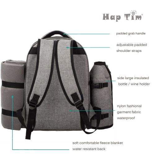  Hap Tim - Waterproof Picnic Backpack for 4 Person with Cutlery Set, Cooler Compartment, Detachable Bottle/Wine Holder, Fleece Blanket, Plates for Picnic Time(Gray)