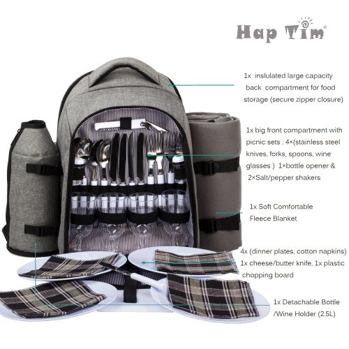  Hap Tim - Waterproof Picnic Backpack for 4 Person with Cutlery Set, Cooler Compartment, Detachable Bottle/Wine Holder, Fleece Blanket, Plates for Picnic Time(Gray)