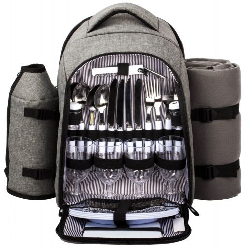  Hap Tim - Waterproof Picnic Backpack for 4 Person with Cutlery Set, Cooler Compartment, Detachable Bottle/Wine Holder, Fleece Blanket, Plates for Picnic Time(Gray)