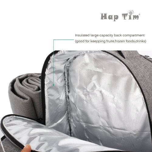  Hap Tim - Waterproof Picnic Backpack for 4 Person with Cutlery Set, Cooler Compartment, Detachable Bottle/Wine Holder, Fleece Blanket, Plates for Picnic Time(Gray)