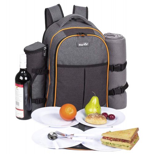  Hap Tim - 4 Person Picnic Backpack with Stainless Steel Utensils, Oversized Water Resistent Fleece Blanket,Big Cooler Compartment, Detachable Wine Bottle Holder, Good for Picnic Ti