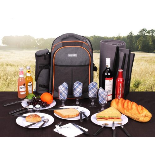  Hap Tim - 4 Person Picnic Backpack with Stainless Steel Utensils, Oversized Water Resistent Fleece Blanket,Big Cooler Compartment, Detachable Wine Bottle Holder, Good for Picnic Ti