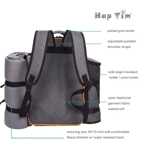  Hap Tim - 4 Person Picnic Backpack with Stainless Steel Utensils, Oversized Water Resistent Fleece Blanket,Big Cooler Compartment, Detachable Wine Bottle Holder, Good for Picnic Ti