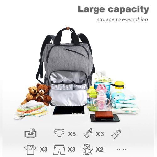  [아마존베스트]Hap Tim Diaper Bag Backpack,Large Capacity Travel Back Pack Maternity Baby Nappy Changing Bags, Double Compartments with Stroller Straps,Waterproof,Gray(US7340-G)
