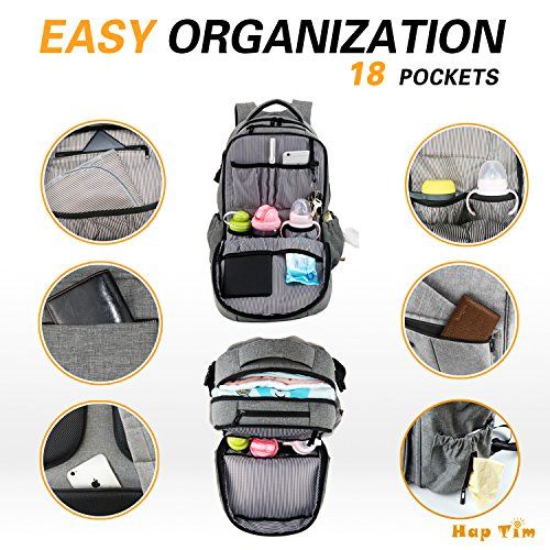  HapTim Multi-Function Large Baby Diaper Bag Backpack W/Stroller Straps-Insulated Pockets-Changing Pad, Stylish & Durable with Anti-Water Material(Gray-5284)