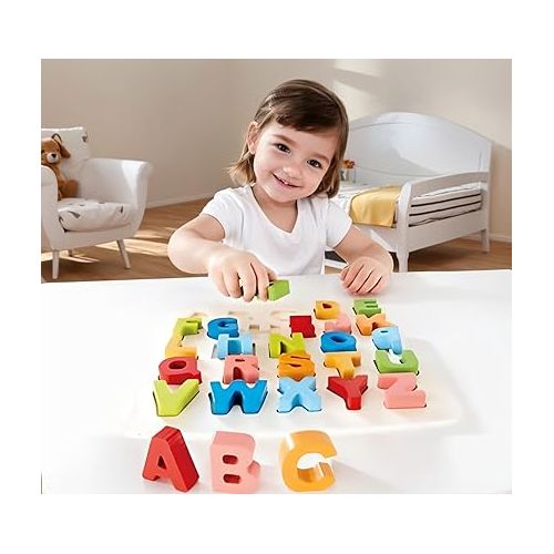  Hape Alphabet Blocks Learning Puzzle | Wooden ABC Letters Colorful Educational Puzzle Toy Board for Toddlers & Kids, Multi-Colored Jigsaw Blocks, 5'' x 2''