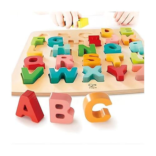  Hape Alphabet Blocks Learning Puzzle | Wooden ABC Letters Colorful Educational Puzzle Toy Board for Toddlers & Kids, Multi-Colored Jigsaw Blocks, 5'' x 2''