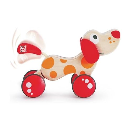  Walk-A-Long Puppy Wooden Pull Toy by Hape | Award Winning Push Pull Toy Puppy For Toddlers Can Sit, Stand and Roll. Rubber Rimmed Wheels for Easy Push and Pull Action, Red , Red/Orange