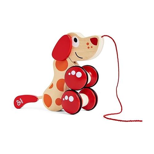  Walk-A-Long Puppy Wooden Pull Toy by Hape | Award Winning Push Pull Toy Puppy For Toddlers Can Sit, Stand and Roll. Rubber Rimmed Wheels for Easy Push and Pull Action, Red , Red/Orange