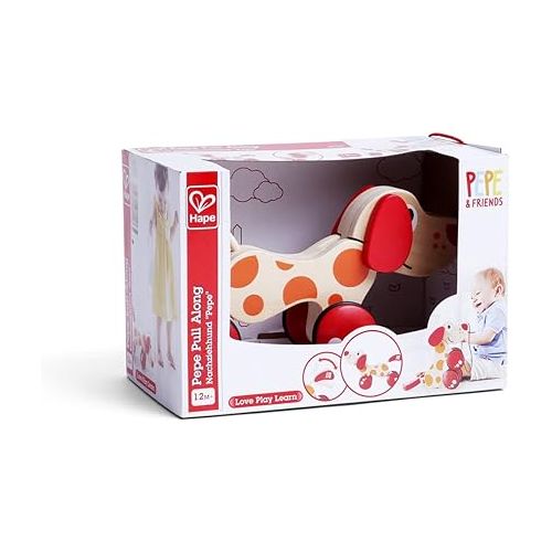  Walk-A-Long Puppy Wooden Pull Toy by Hape | Award Winning Push Pull Toy Puppy For Toddlers Can Sit, Stand and Roll. Rubber Rimmed Wheels for Easy Push and Pull Action, Red , Red/Orange