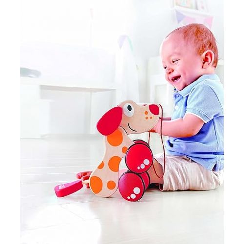  Walk-A-Long Puppy Wooden Pull Toy by Hape | Award Winning Push Pull Toy Puppy For Toddlers Can Sit, Stand and Roll. Rubber Rimmed Wheels for Easy Push and Pull Action, Red , Red/Orange