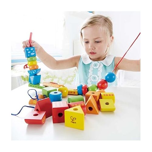  Hape String Shapes Wooden Toy Blocks in 32 Pieces, 3+ Years, Water Based Paint, String