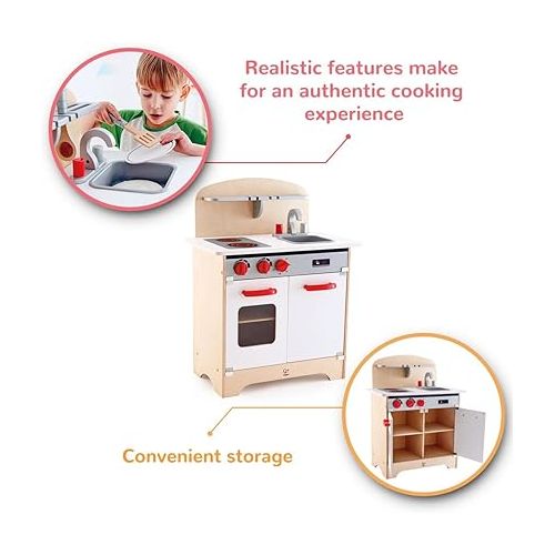  Hape Gourmet Kitchen Toy Fully Equipped Wooden Pretend Play Kitchen Set with Sink, Stove, Baking Oven, Cabinet, Turnable Knobs & Spice Shelf, White