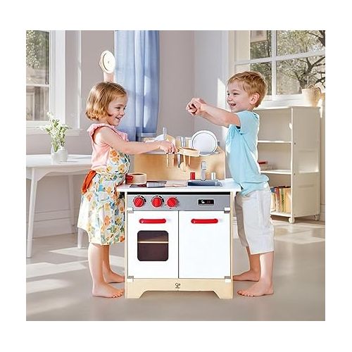  Hape Gourmet Kitchen Toy Fully Equipped Wooden Pretend Play Kitchen Set with Sink, Stove, Baking Oven, Cabinet, Turnable Knobs & Spice Shelf, White