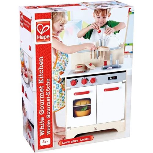  Hape Gourmet Kitchen Toy Fully Equipped Wooden Pretend Play Kitchen Set with Sink, Stove, Baking Oven, Cabinet, Turnable Knobs & Spice Shelf, White