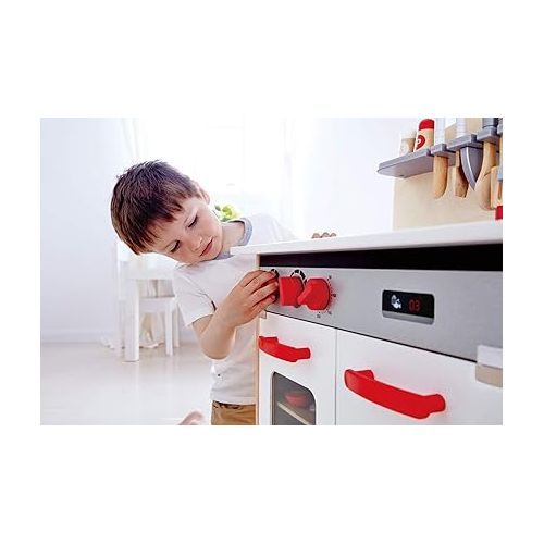  Hape Gourmet Kitchen Toy Fully Equipped Wooden Pretend Play Kitchen Set with Sink, Stove, Baking Oven, Cabinet, Turnable Knobs & Spice Shelf, White