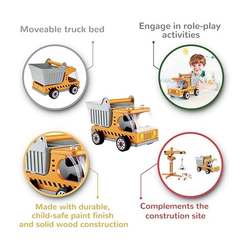  Hape Dump Truck Kid's Wooden Construction Toys Vehicle Multicoloured, L: 10.2, W: 5.7, H: 6.6 inch