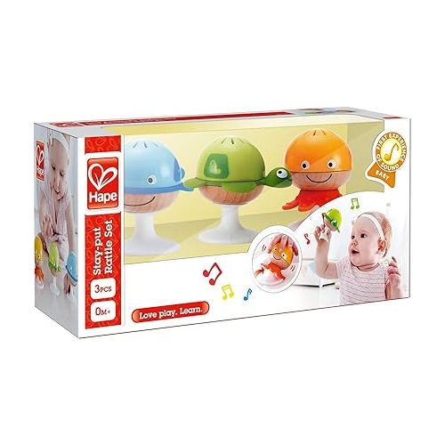  Hape Put-Stay Rattle Set | Three Sea Animal Suction Rattle Toys, Baby Educational Toy Set, Multi, 5'' x 2'' (E0330)