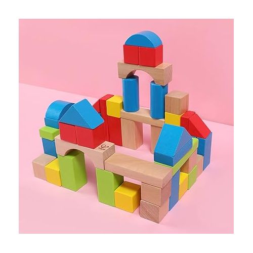  Maple Wood Kids Building Blocks by Hape | Stacking Wooden Block Educational Toy Set for Toddlers, 50 Brightly Colored Pieces in Assorted Shapes and Sizes