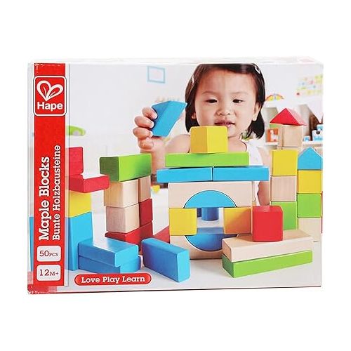  Maple Wood Kids Building Blocks by Hape | Stacking Wooden Block Educational Toy Set for Toddlers, 50 Brightly Colored Pieces in Assorted Shapes and Sizes