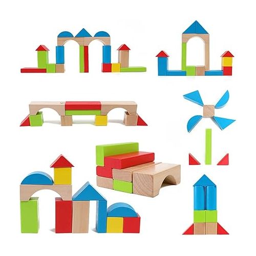  Maple Wood Kids Building Blocks by Hape | Stacking Wooden Block Educational Toy Set for Toddlers, 50 Brightly Colored Pieces in Assorted Shapes and Sizes