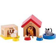 Family Pets Wooden Dollhouse Animal Set by Hape | Complete Your Wooden Dolls House with Happy Dog, Cat, Bunny Pet Set with Complimentary Houses and Food Bowls