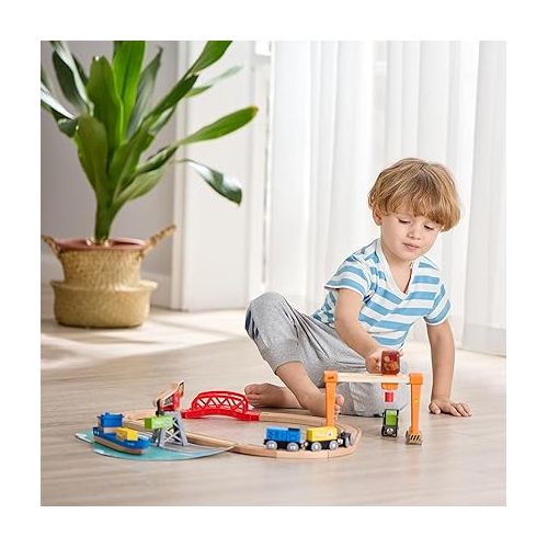  Hape Lift & Load Harbor Set | Toy Train and Boat Set with Cranes, for Children Ages 3Y+