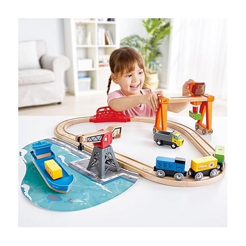  Hape Lift & Load Harbor Set | Toy Train and Boat Set with Cranes, for Children Ages 3Y+