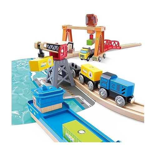  Hape Lift & Load Harbor Set | Toy Train and Boat Set with Cranes, for Children Ages 3Y+