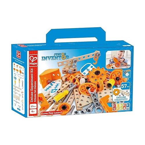  Hape Junior Inventor Deluxe Experiment Kit | 57 Piece Construction Building Toys, STEAM Science Kit for Kids 4 Years and Up (E3032A)