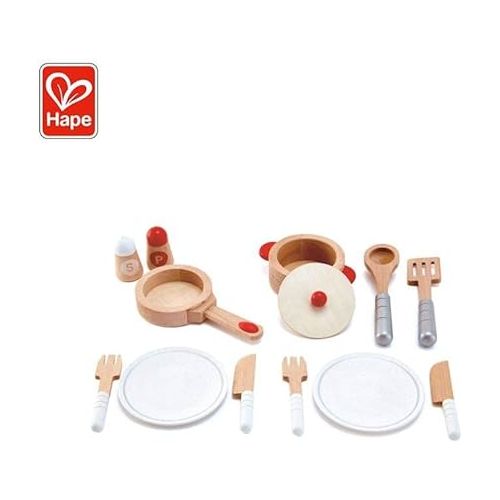  Hape Cook & Serve Set | 13 Piece Wooden Pretend Play Cooking Set with Accessories