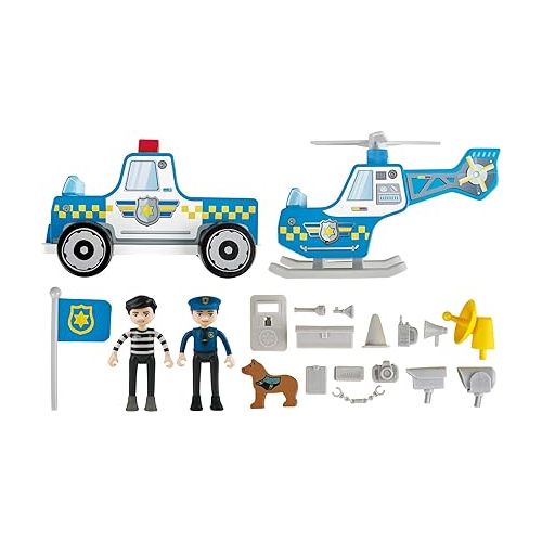  Hape Metro Police Station Play Toy Set with Sounds and Lights| 2-Level Wooden Pretend Play Toy with Action Figures and Accessories