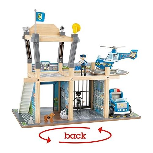  Hape Metro Police Station Play Toy Set with Sounds and Lights| 2-Level Wooden Pretend Play Toy with Action Figures and Accessories