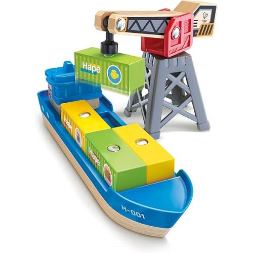  Hape Cargo Ship & Crane | Toy Boat and Crane Playset, for Children Ages 3Y+