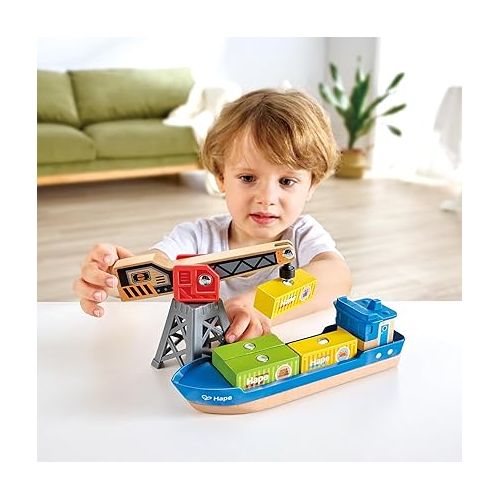  Hape Cargo Ship & Crane | Toy Boat and Crane Playset, for Children Ages 3Y+