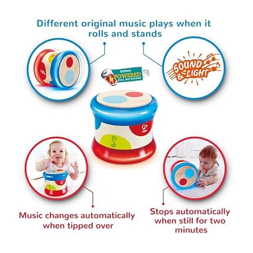  Hape Baby Drum | Colorful Rolling Drum Musical Instrument Toy For Toddlers, Rhythm & Sound Learning, Battery Powered (E0333), L: 5.9, W: 5.9, H: 5 inch