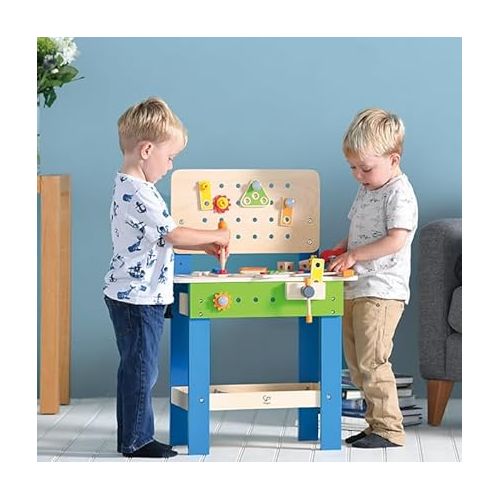 Master Workbench by Hape | Award Winning Kid's Wooden Tool Bench Toy Pretend Play Creative Building Set, Height Adjustable 35Piece Workshop for Toddlers