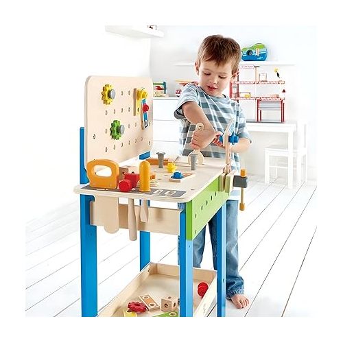  Master Workbench by Hape | Award Winning Kid's Wooden Tool Bench Toy Pretend Play Creative Building Set, Height Adjustable 35Piece Workshop for Toddlers