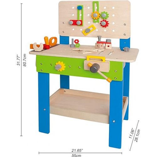  Master Workbench by Hape | Award Winning Kid's Wooden Tool Bench Toy Pretend Play Creative Building Set, Height Adjustable 35Piece Workshop for Toddlers