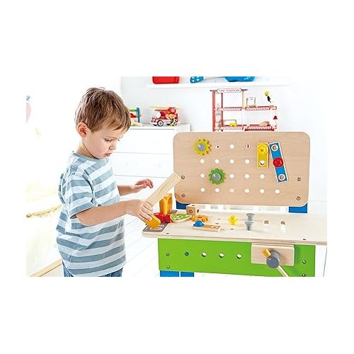  Master Workbench by Hape | Award Winning Kid's Wooden Tool Bench Toy Pretend Play Creative Building Set, Height Adjustable 35Piece Workshop for Toddlers