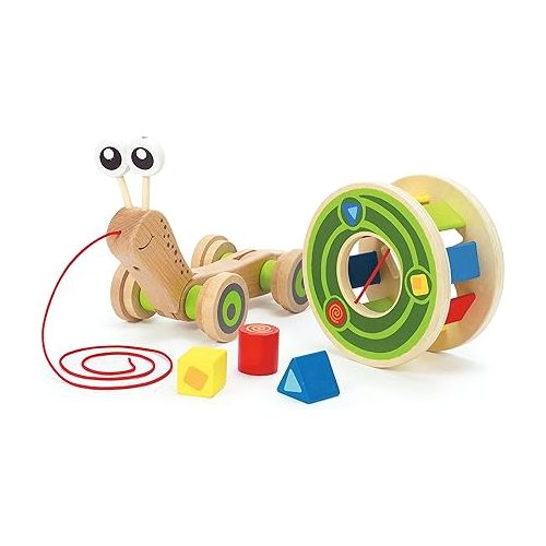  Award Winning Hape Walk-A-Long Snail Toddler Wooden Pull Toy, L: 11.9, W: 4.4, H: 7.3 inch