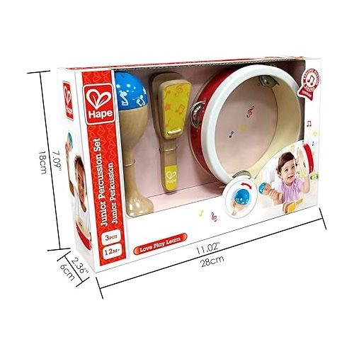  Hape Junior Percussion Set | 3 Piece Wooden Percussion Instrument Set for Toddlers, E0615