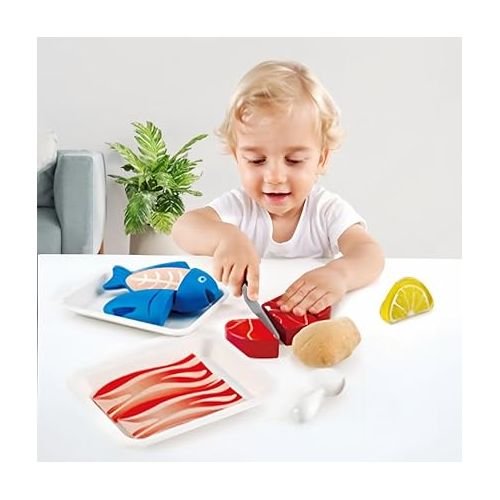  Hape Tasty Proteins Set | Wooden Pretend Play Food Set for Kids, Basic Play Cooking Ingredients and Accessories Set, Multicolor