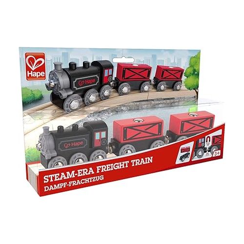  Hape Steam-Era Freight Train | Classic Black & Red Children’s Locomotive Toy With Unloadable Freight Wagons, L: 9.4, W: 1.3, H: 1.9 inch
