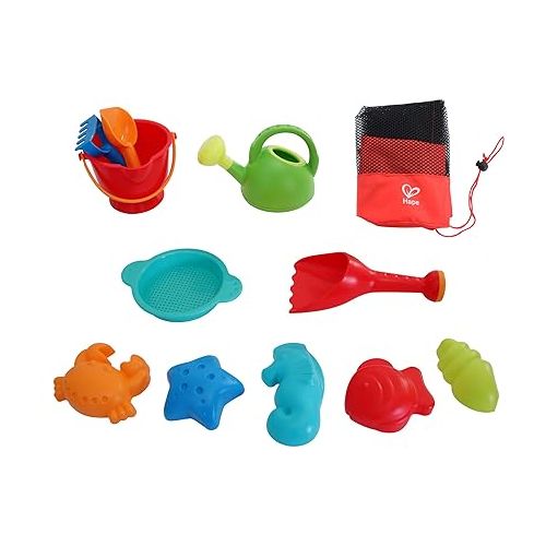  Hape Beach Toy Essential Set, Sand Toy Pack, Mesh Bag Included, E8603 , Red